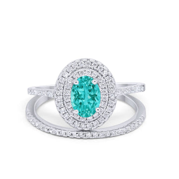 Halo Wedding Bridal Rings Piece Oval Simulated Paraiba Tourmaline CZ Sterling Silver
